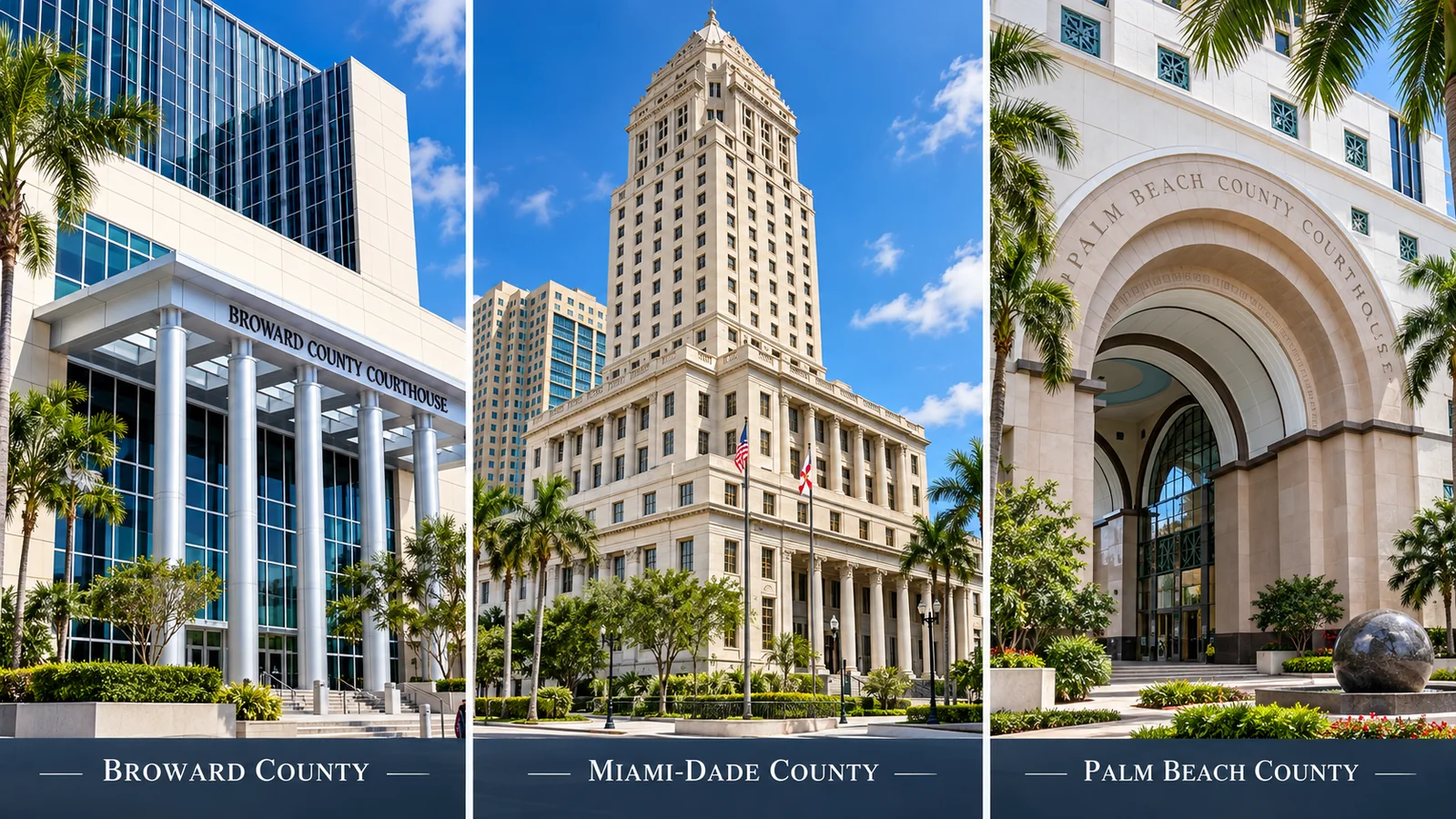 Broward County, Miami-Dade County and Palm Beach County courthouses